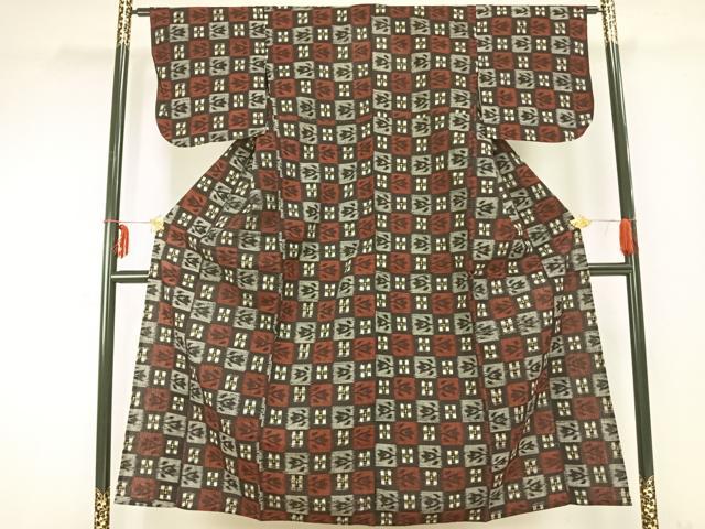 平和屋着物●久留米絣　単衣　市松文様　黒地　綿　逸品　AABC0269fy