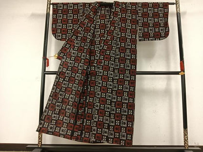 平和屋着物●久留米絣　単衣　市松文様　黒地　綿　逸品　AABC0269fy
