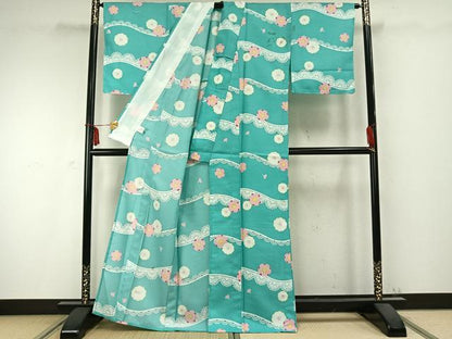 平和屋着物▽小紋　単衣　舞花文　洗える着物　AABC0273fy