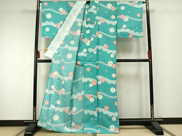 平和屋着物▽小紋　単衣　舞花文　洗える着物　AABC0273fy
