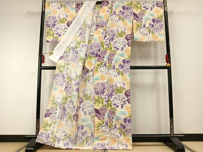 平和屋着物▽リョウコキクチ Ryoko Kikuchi 小紋 単衣 草花文 洗える着物 AABC0275fy