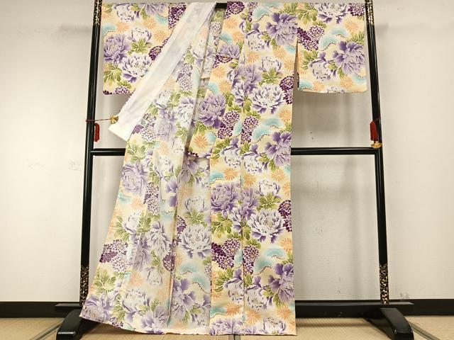 平和屋着物▽リョウコキクチ Ryoko Kikuchi 小紋 単衣 草花文 洗える着物 AABC0275fy