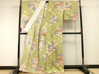 平和屋着物▽リョウコキクチ Ryoko Kikuchi 小紋 単衣 草花文 洗える着物 AABC0276fy