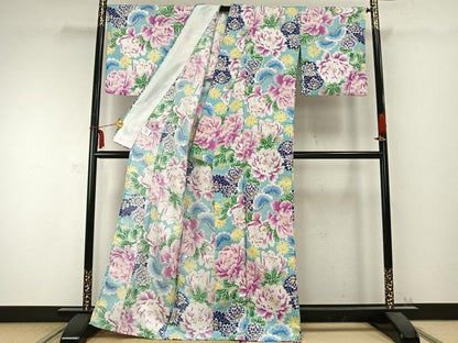 平和屋着物▽リョウコキクチ Ryoko Kikuchi 小紋 単衣 草花文 洗える着物 AABC0281fy