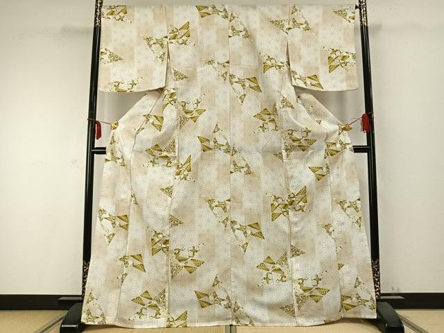 平和屋着物▽小紋 単衣 切嵌花文 麻の葉文様 洗える着物 AABC0283fy