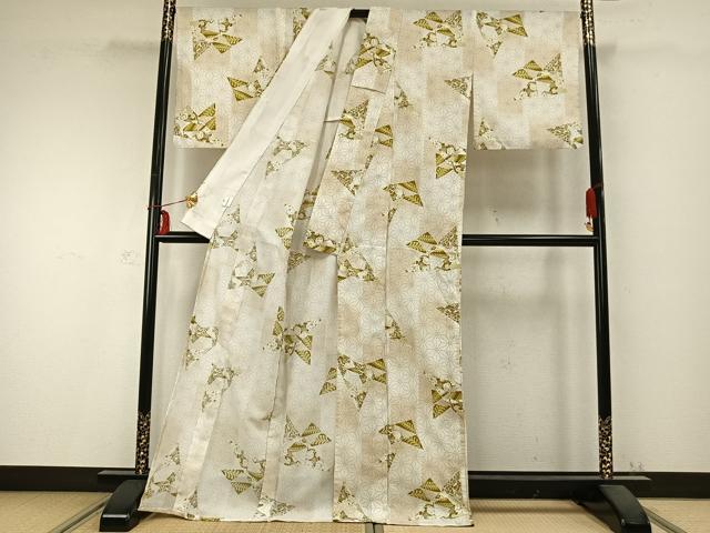 平和屋着物▽小紋 単衣 切嵌花文 麻の葉文様 洗える着物 AABC0283fy