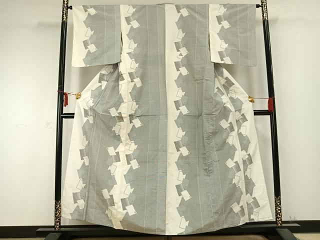 平和屋着物▽上質な紬 単衣 色紙重ね文 正絹 逸品 AABC0309fy