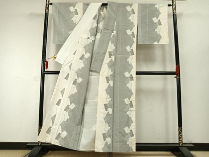 平和屋着物▽上質な紬 単衣 色紙重ね文 正絹 逸品 AABC0309fy