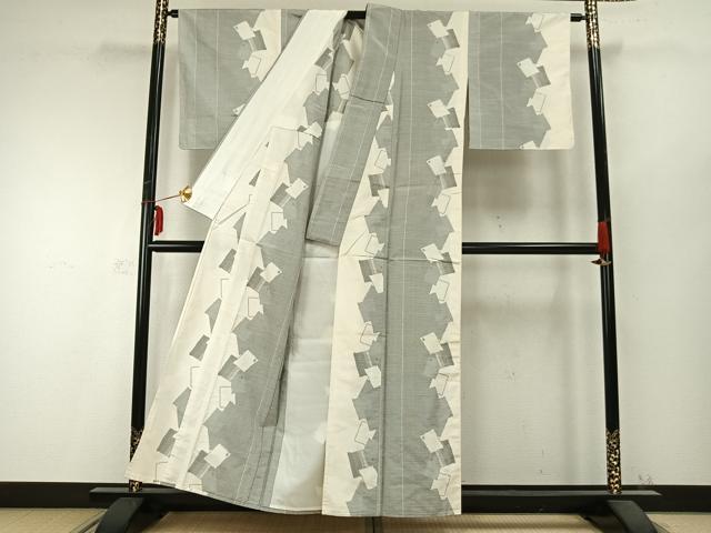 平和屋着物▽上質な紬 単衣 色紙重ね文 正絹 逸品 AABC0309fy