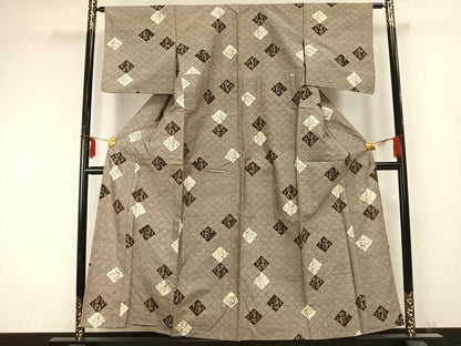 平和屋着物▽上質な紬　単衣　菱文　正絹　逸品　AABC0311fy