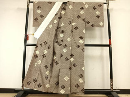 平和屋着物▽上質な紬　単衣　菱文　正絹　逸品　AABC0311fy