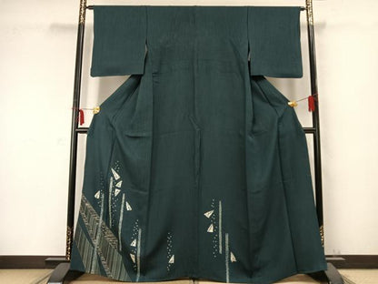 平和屋着物▽訪問着　単衣　絞り　幾何学文様　銀彩　正絹　逸品　AABC0329fy