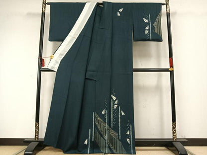 平和屋着物▽訪問着　単衣　絞り　幾何学文様　銀彩　正絹　逸品　AABC0329fy
