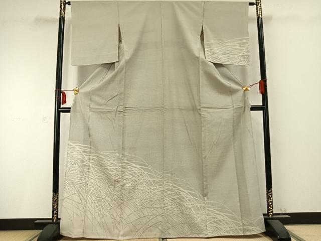 平和屋着物▽本塩沢 訪問着 単衣 草葉文 正絹 逸品 AABC0332fy