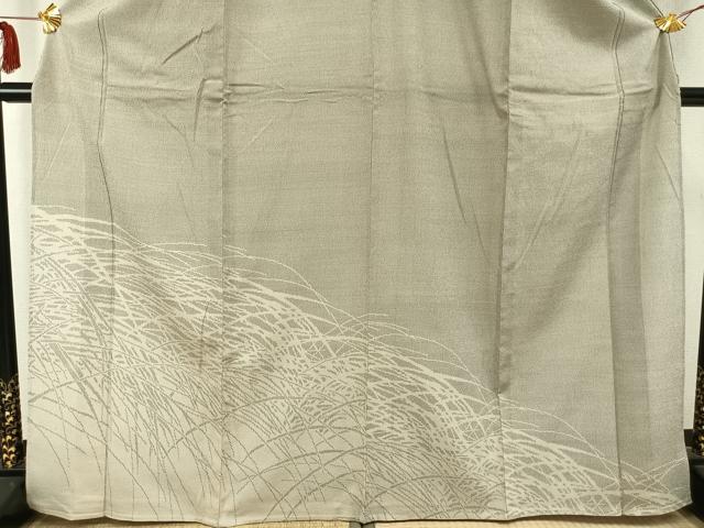 平和屋着物▽本塩沢 訪問着 単衣 草葉文 正絹 逸品 AABC0332fy