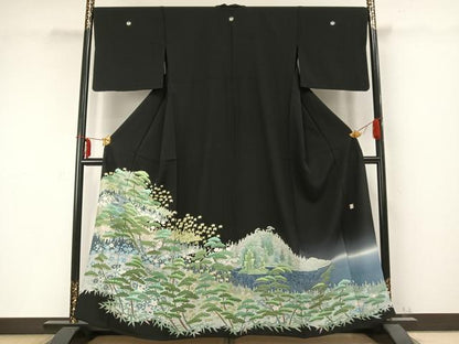 平和屋着物▽本加賀友禅作家 毎田健治 黒留袖 単衣 風景花文 暈し染め 正絹 逸品 AABC0337fy