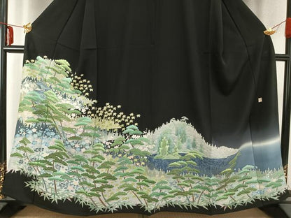平和屋着物▽本加賀友禅作家 毎田健治 黒留袖 単衣 風景花文 暈し染め 正絹 逸品 AABC0337fy