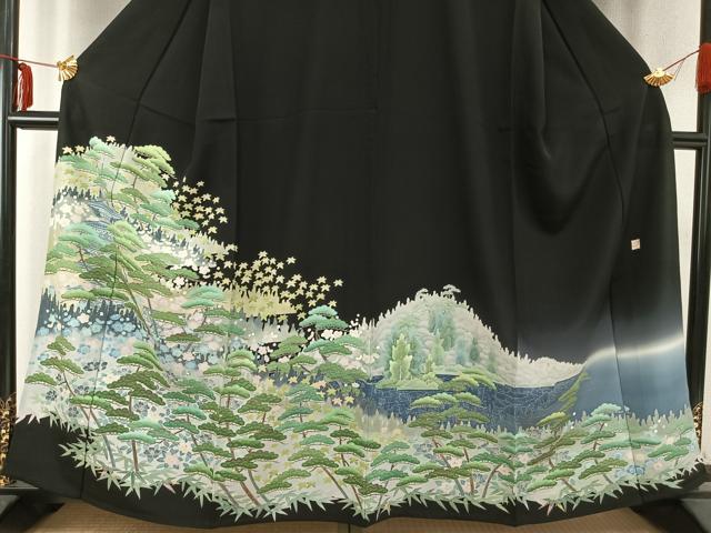 平和屋着物▽本加賀友禅作家 毎田健治 黒留袖 単衣 風景花文 暈し染め 正絹 逸品 AABC0337fy