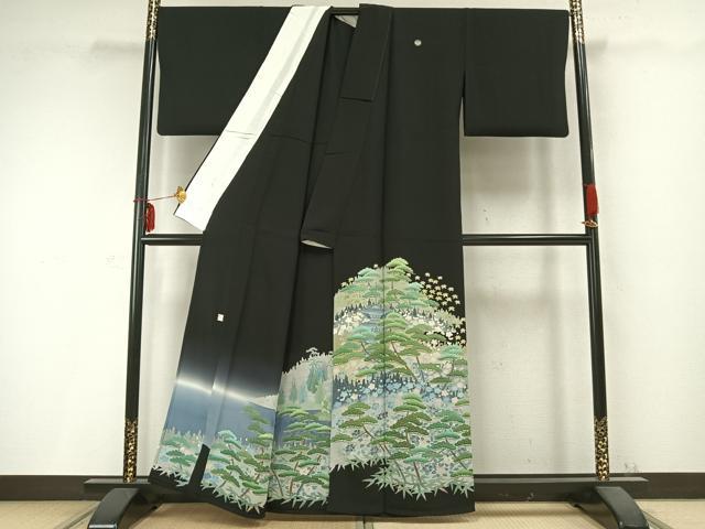 平和屋着物▽本加賀友禅作家 毎田健治 黒留袖 単衣 風景花文 暈し染め 正絹 逸品 AABC0337fy