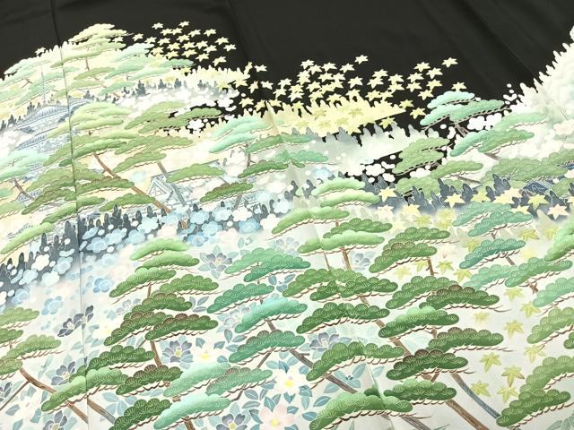 平和屋着物▽本加賀友禅作家 毎田健治 黒留袖 単衣 風景花文 暈し染め 正絹 逸品 AABC0337fy