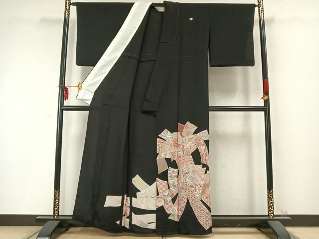 平和屋着物▽豪華黒留袖　単衣　駒刺繍　束ね熨斗文　金彩　正絹　逸品　AABC0340fy
