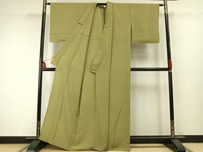 平和屋着物▽上質な色無地 単衣 若苗色 ワンポイント 鬼しぼ縮緬 正絹 逸品 未使用 AABC0348fy