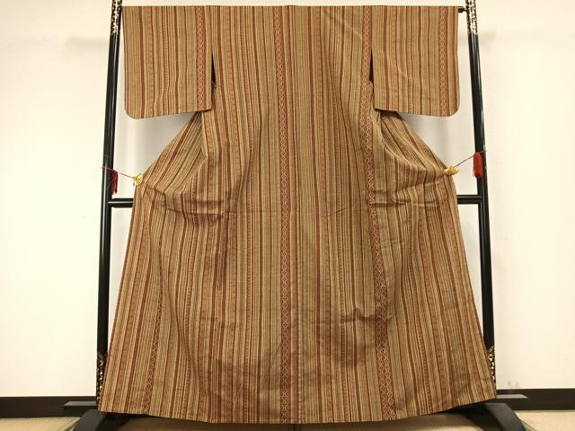 平和屋着物▽上質な紬 単衣 縞 正絹 逸品 AABC0359fy