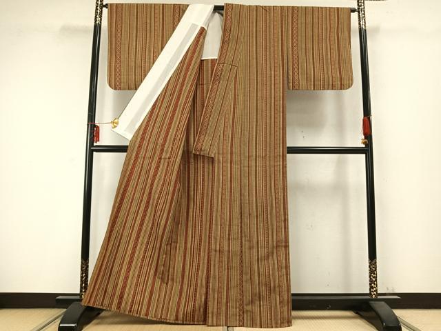 平和屋着物▽上質な紬 単衣 縞 正絹 逸品 AABC0359fy