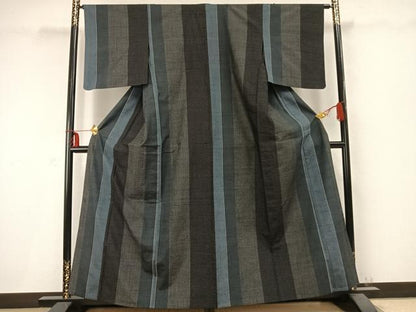 平和屋着物▽上質な紬 単衣 100亀甲 間道 正絹 逸品 AABC0364fy