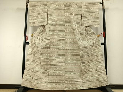 平和屋着物▽上質な紬 単衣 100亀甲 横段文 正絹 逸品 AABC0365fy