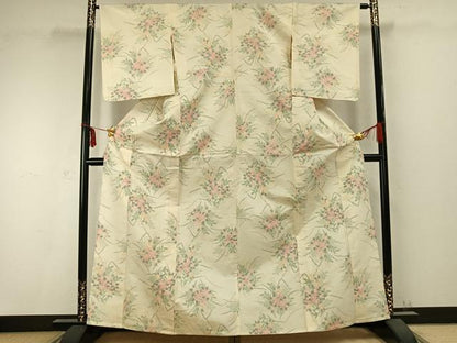 平和屋着物▽上質な紬 単衣 草花文 正絹 逸品 AABC0368fy
