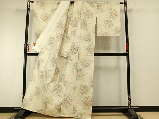 平和屋着物▽上質な紬 単衣 草花文 正絹 逸品 AABC0368fy