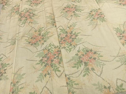 平和屋着物▽上質な紬 単衣 草花文 正絹 逸品 AABC0368fy