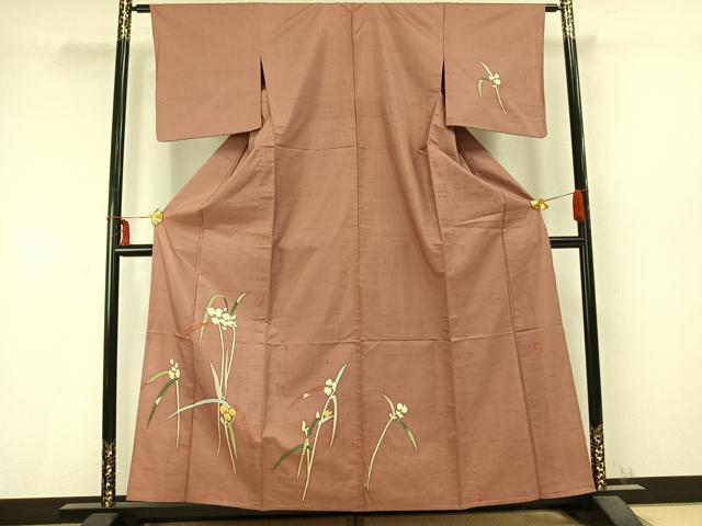 平和屋着物▽本加賀友禅作家 成竹登茂男 訪問着 単衣 紬地 草花文 三越扱い 正絹 逸品 AABC0369fy