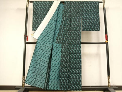 平和屋着物▽上質な小紋 単衣 草花文 黒地 正絹 逸品 AABC0373fy