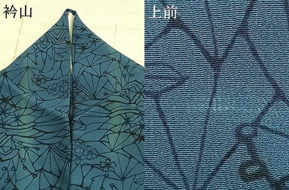 平和屋着物▽上質な小紋　単衣　型染め　藍　風景草花文　正絹　逸品　AABC0382fy