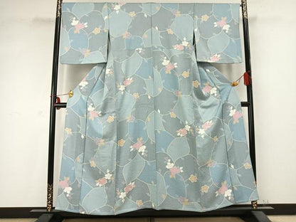 平和屋着物▽上質な小紋 単衣 草花文 正絹 逸品 AABC0383fy