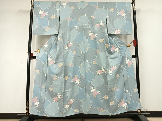 平和屋着物▽上質な小紋 単衣 草花文 正絹 逸品 AABC0383fy