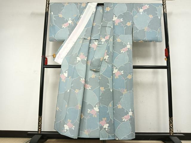 平和屋着物▽上質な小紋 単衣 草花文 正絹 逸品 AABC0383fy