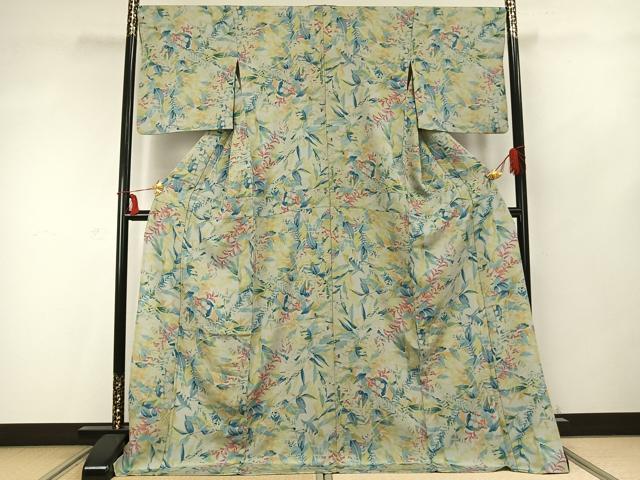 平和屋着物▽上質な小紋 単衣 手描き 草葉文 ロング丈 正絹 逸品 AABC0384fy