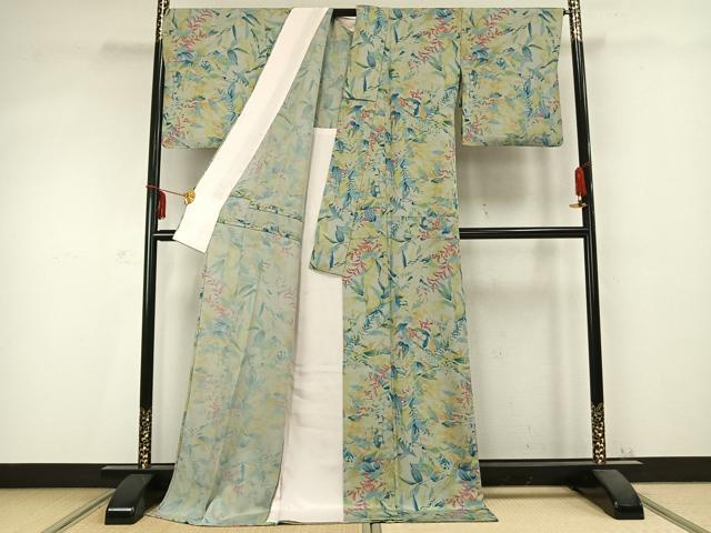 平和屋着物▽上質な小紋 単衣 手描き 草葉文 ロング丈 正絹 逸品 AABC0384fy