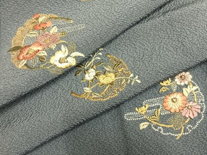 平和屋着物▽訪問着 単衣 総刺繍 草花文 金糸 正絹 逸品 AABC0388fy