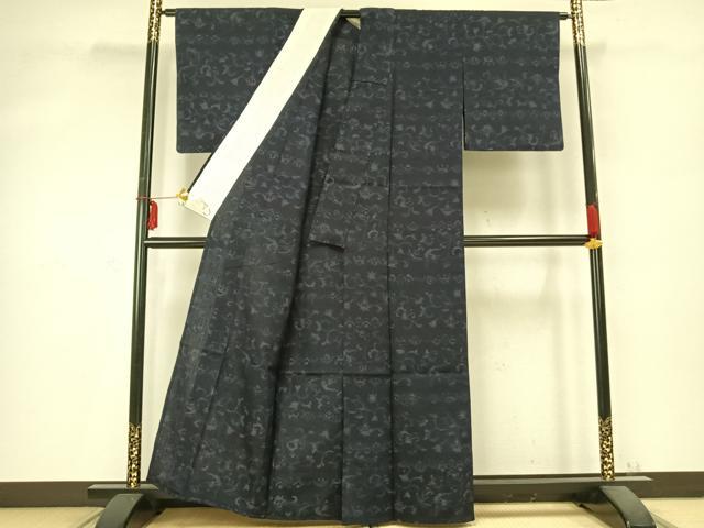 平和屋着物▽上質な紬 単衣 唐草花文 正絹 逸品 AABC0389fy