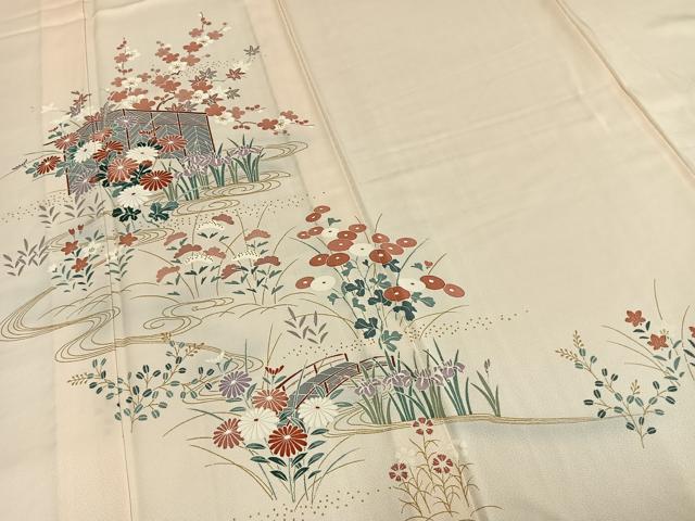 平和屋着物▽訪問着 単衣 風景草花文 金彩 正絹 逸品 AABC0394fy