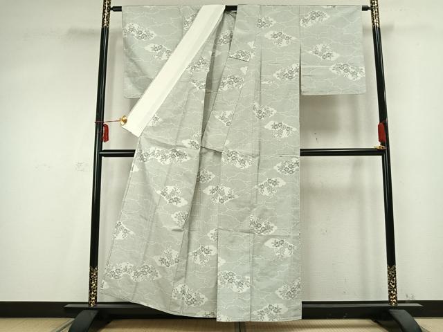 平和屋着物▽本場大島紬　単衣　白大島　7マルキ　雲取り草花文　正絹　逸品　AABC0396fy