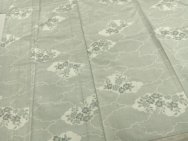 平和屋着物▽本場大島紬　単衣　白大島　7マルキ　雲取り草花文　正絹　逸品　AABC0396fy