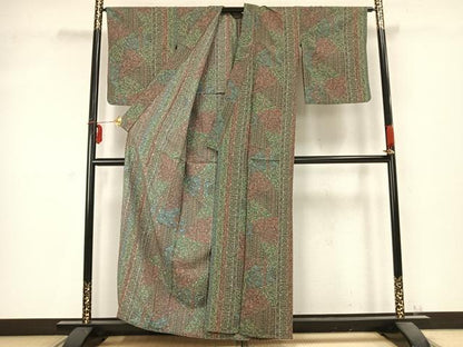 平和屋着物▽小紋 単衣 切り嵌め花文 洗える着物 AABC0405fy