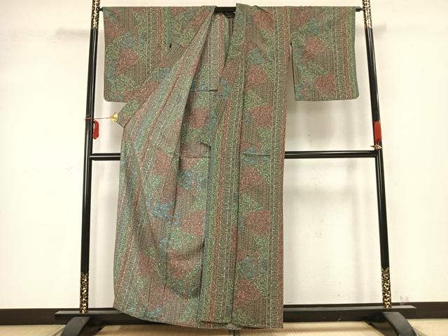 平和屋着物▽小紋 単衣 切り嵌め花文 洗える着物 AABC0405fy