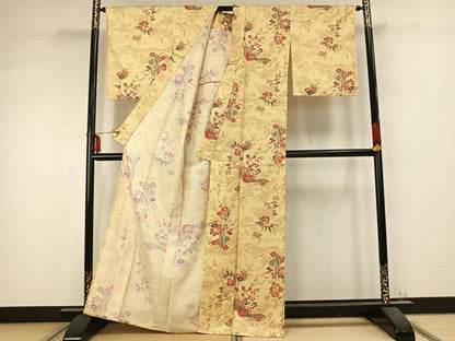 平和屋着物▽小紋 単衣 花蝶文 洗える着物 AABC0406fy