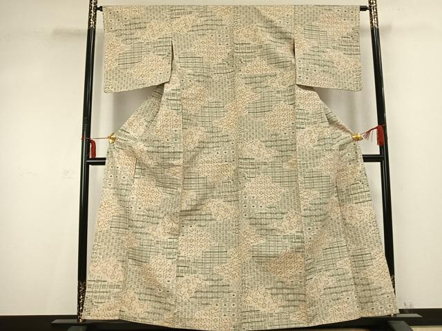 平和屋着物▽上質な紬 単衣 吉祥花文 正絹 逸品 AABC0424fy